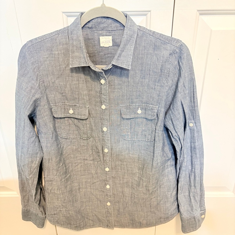 J.Crew Blue Chambray Cotton Button Down Shirt Style 32043 Long Sleeve Pocket